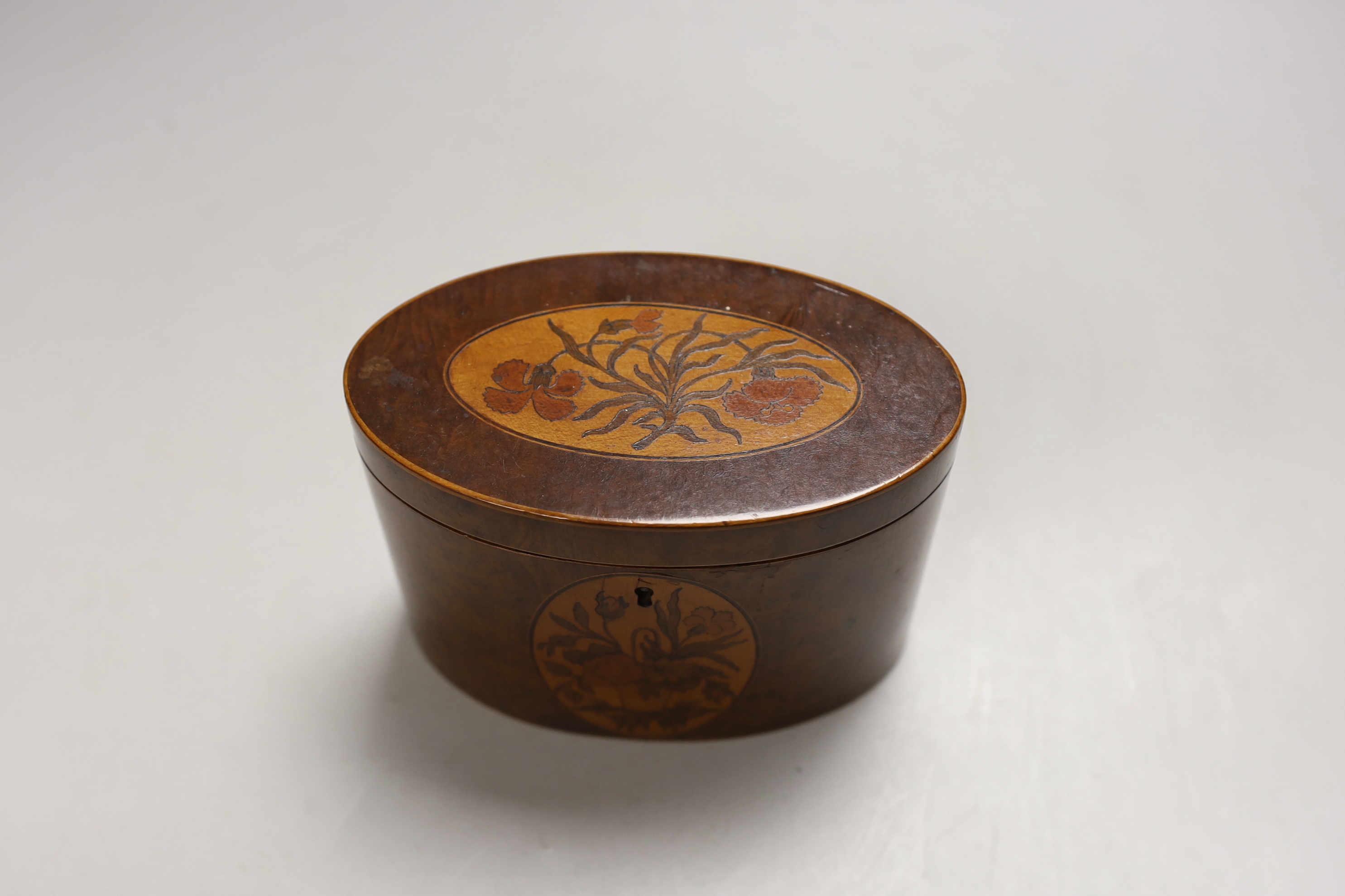 A George III Sheraton period burr walnut and marquetry elliptical tea caddy, 15cm wide